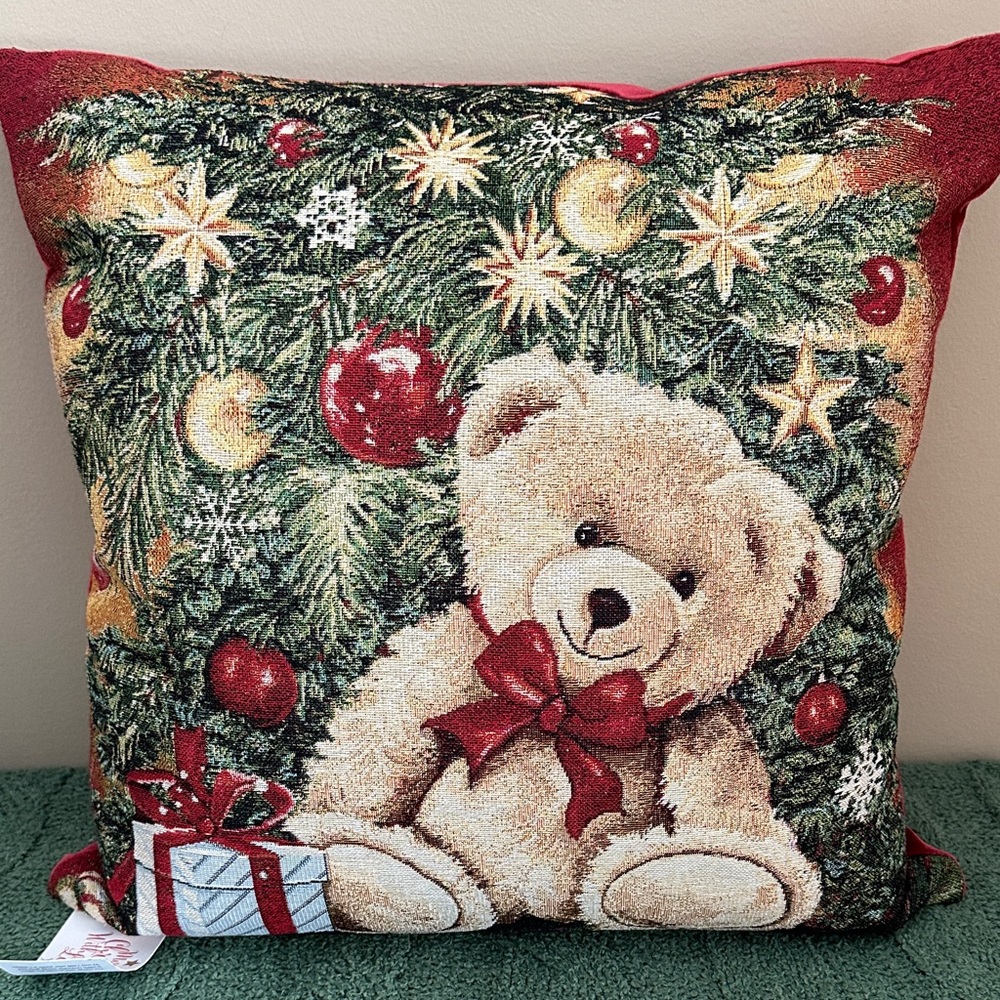 Caldeira Holiday Christmas Pillow Teddy Bear 🧸 Red Bow Ornaments NEW!